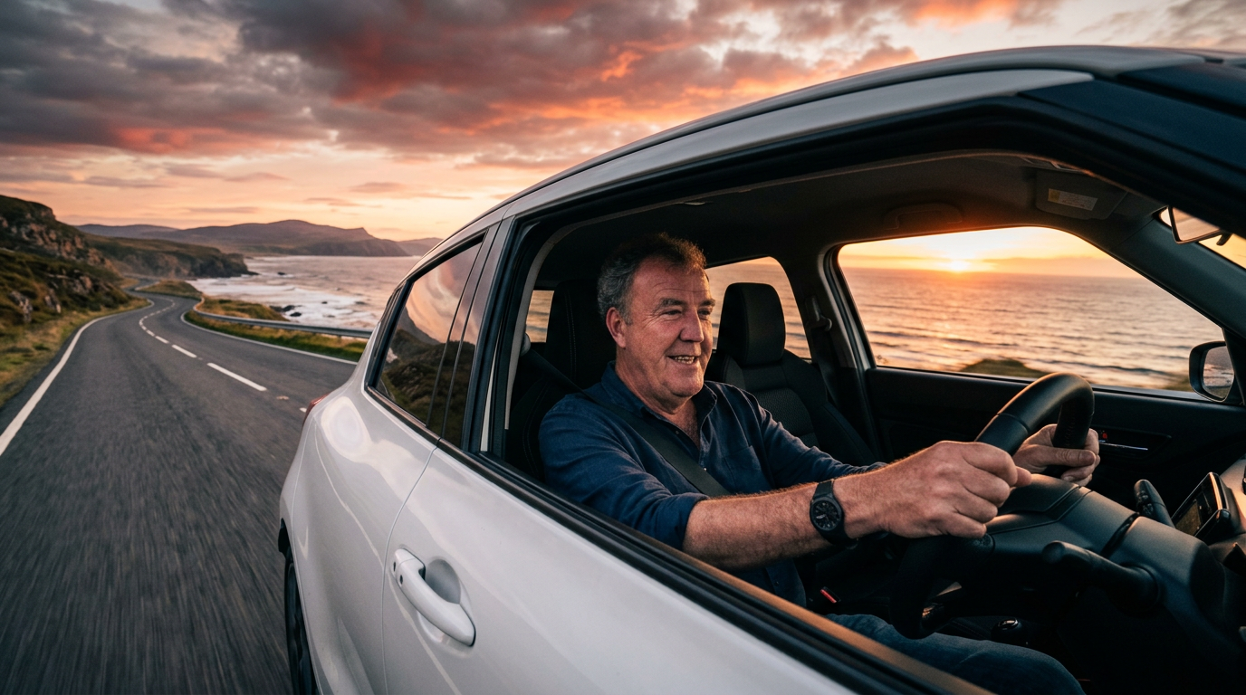 Jeremy Clarkson driving white Suzuki Swift on highway
